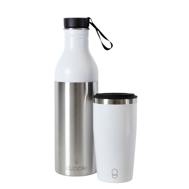 Cupple reusable water bottle and insulated reusable cup white