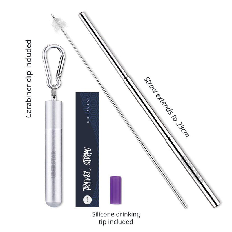 Uberstar Collapsible Reusable Travel Straw - Silver case